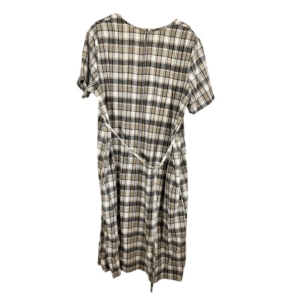 Retro Linen Plaid Dress Tan 22 Neutral Festive Holiday Classic Chic Preppy 80s - Picture 2 of 11